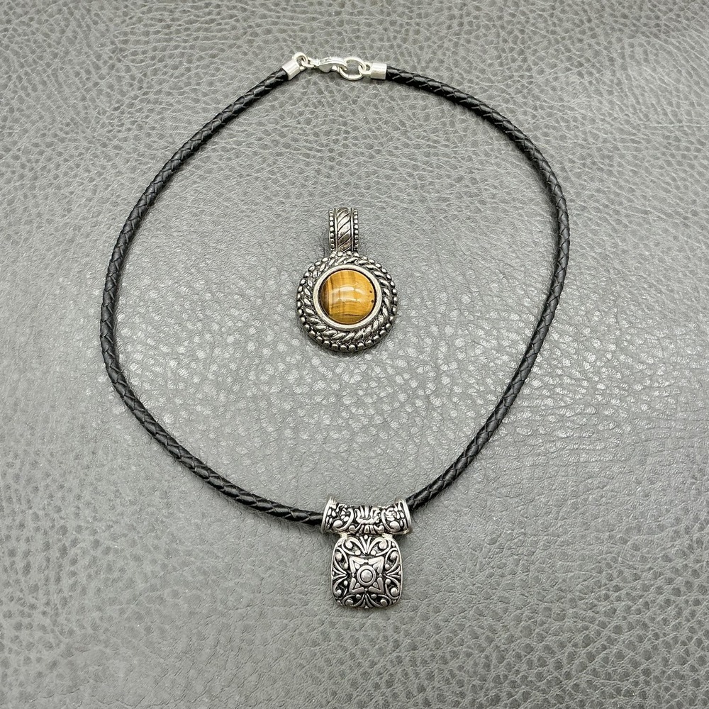 Silver-Tone Floral Pendant Necklace with Brown Tiger Eye Accent